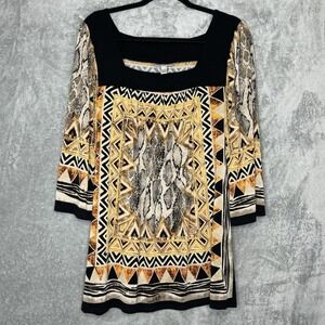 Dressbarn 18 20 1X Top Shirt Brown Geometric 3/4 Sleeve Square Neck Stretch